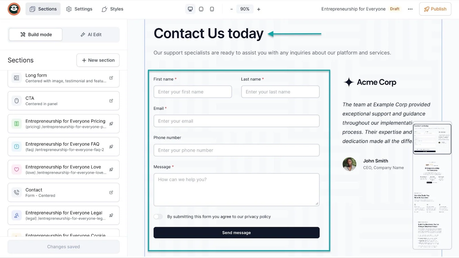 Easytools AI Website Builder: websites screenshot — email editor — form builder