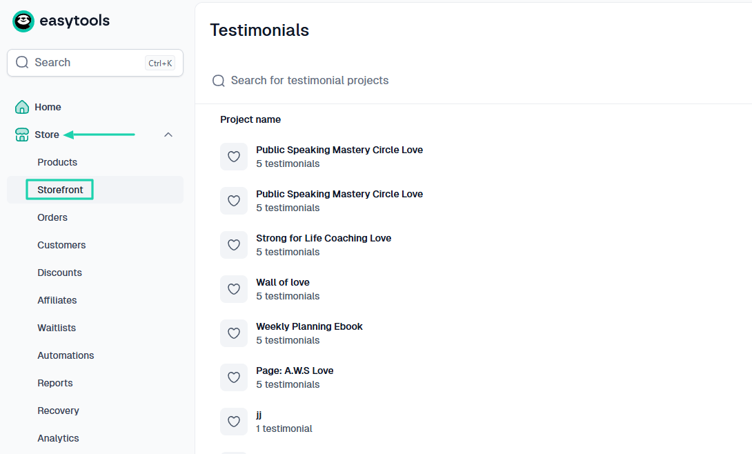 Easytools AI Website Builder: store showing “Store” — storefront