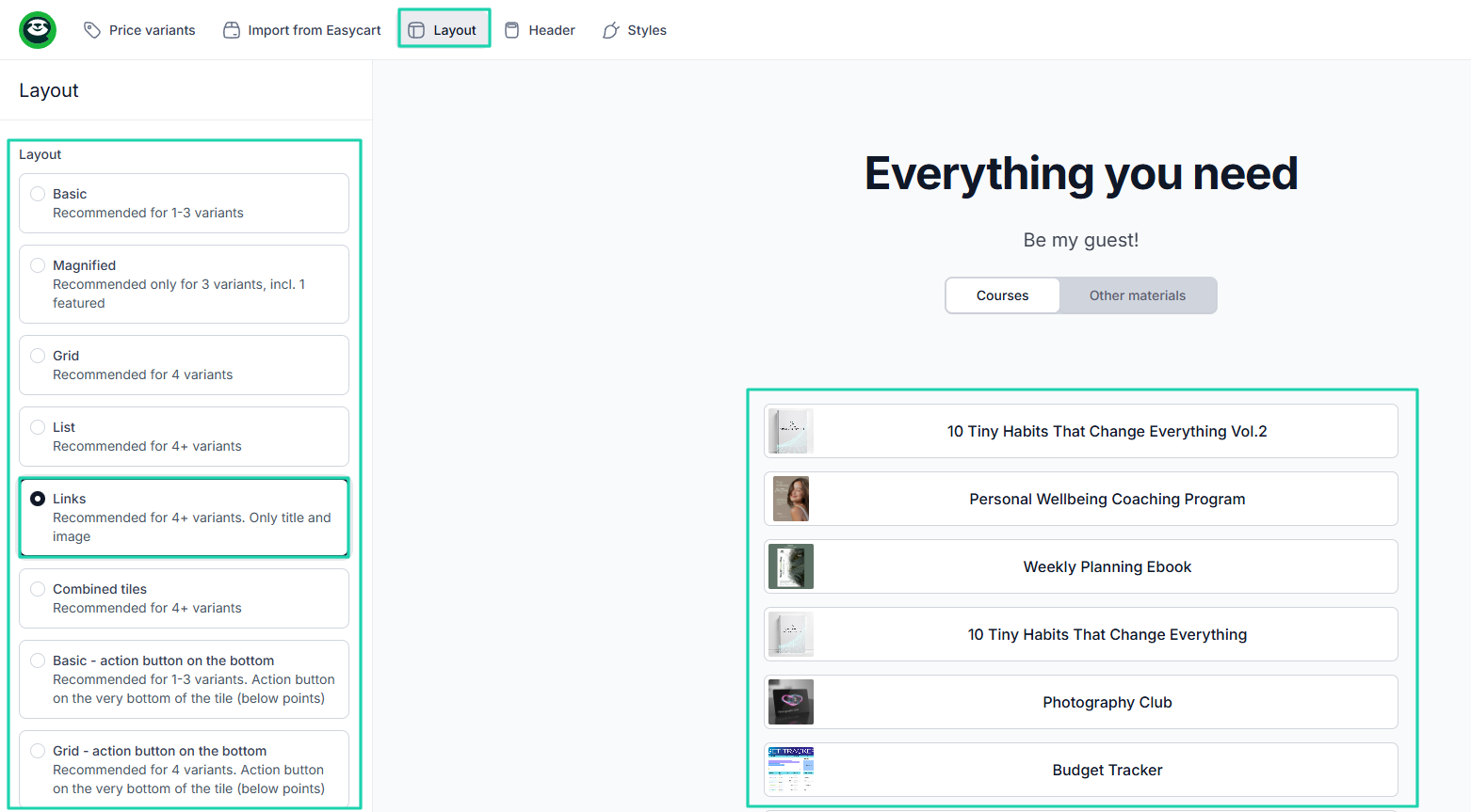 Easytools AI Website Builder: there are many other layout options, like “Grid,” “List,” “Basic,” or “Magnified.