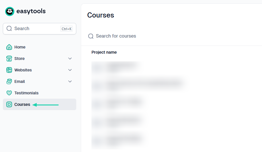 Easytools AI Website Builder: In the sidebar menu, click “Courses.”