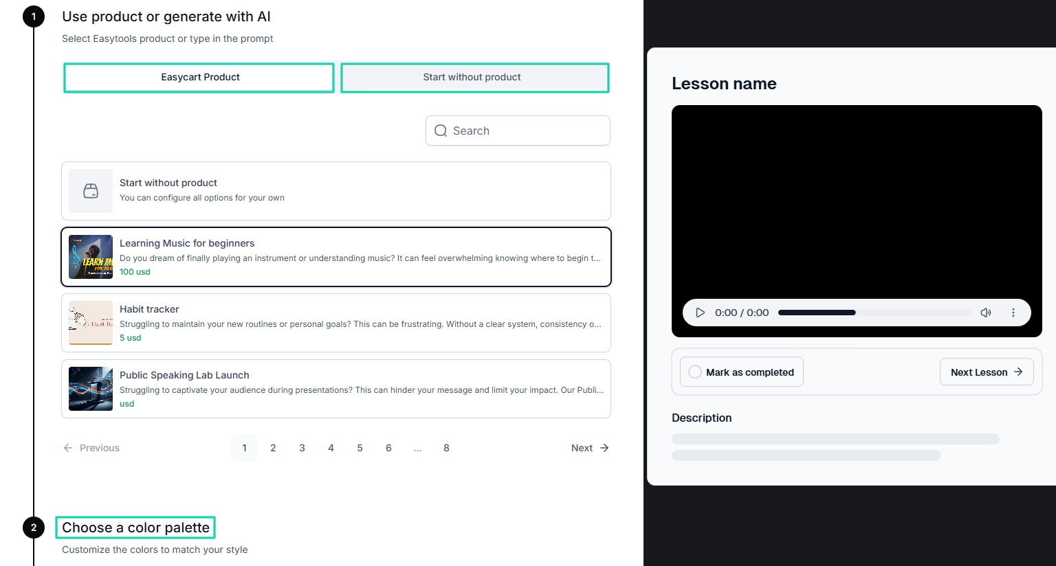 Easytools AI Website Builder: courses showing “Easycart product” — branding settings