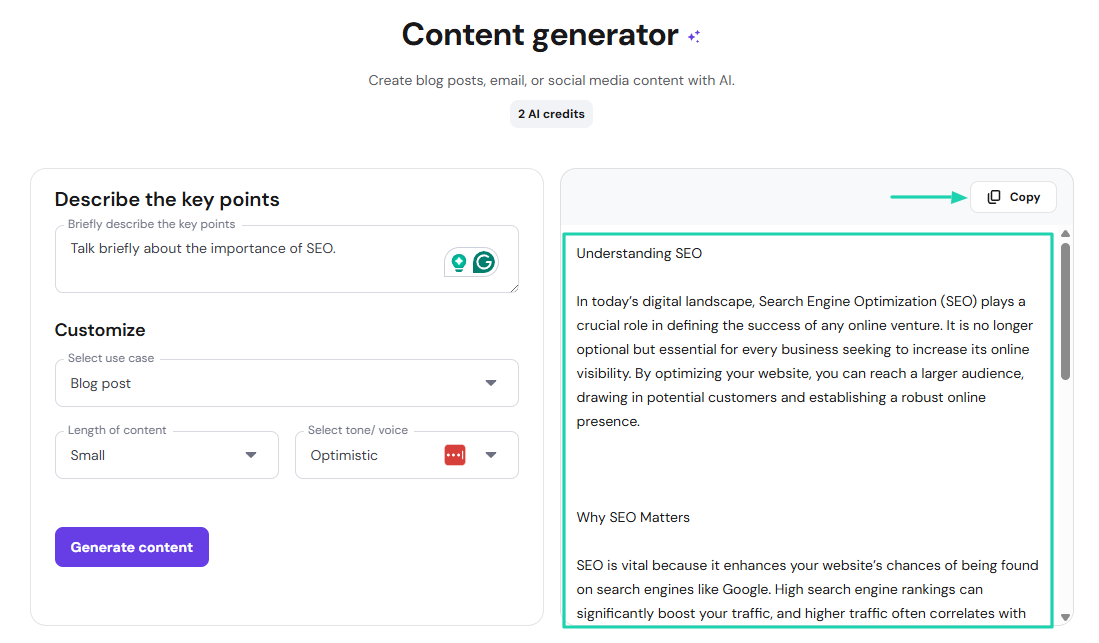 Hostinger AI Website Builder: blog editor screenshot