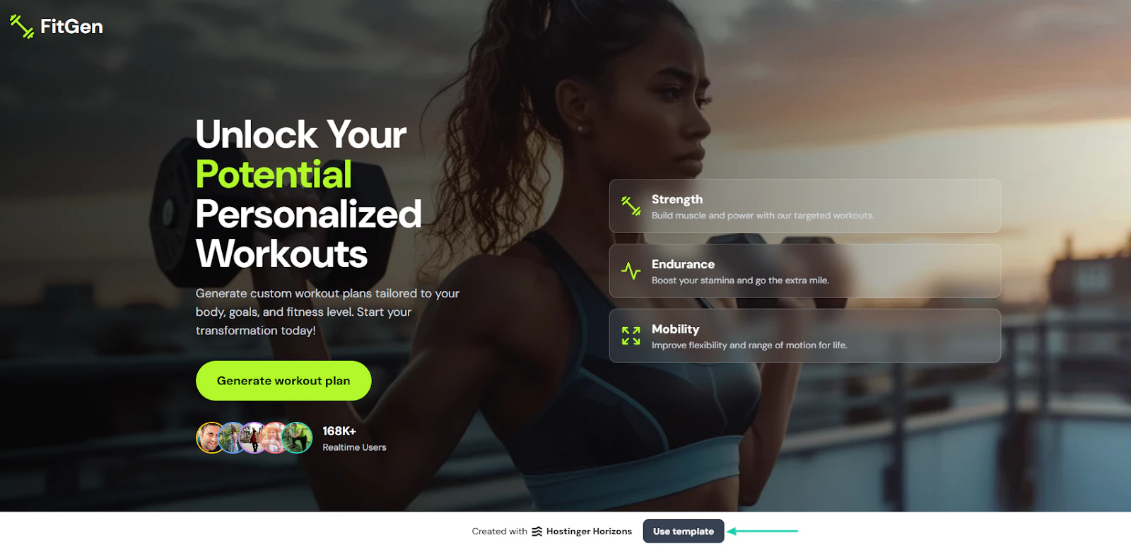 Hostinger AI Website Builder: horizons showing “Use template” view 2