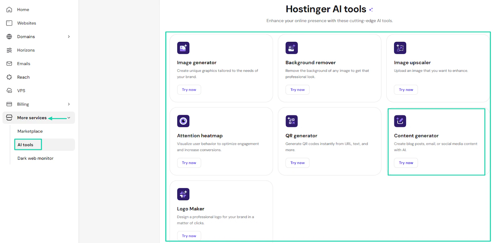Hostinger AI Website Builder: content generator showing “Content generator”