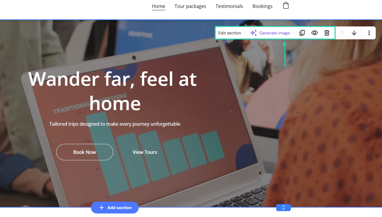 Hostinger AI Website Builder: You can edit sections, copy, delete, or generate images.