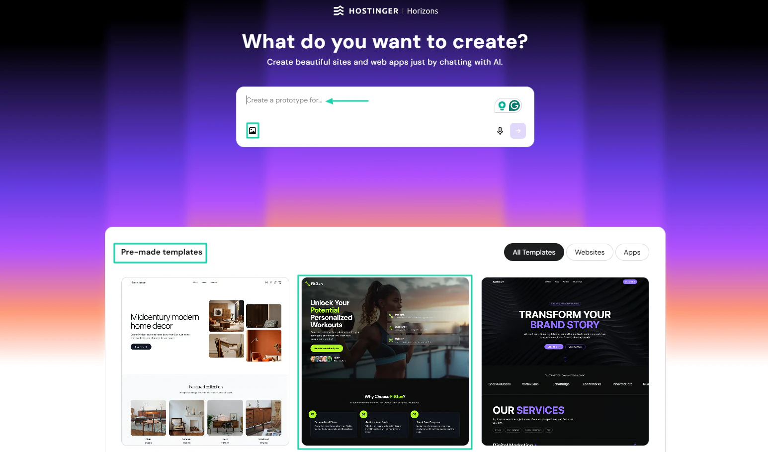 Hostinger, through its horizons feature, offers a list of pre-made templates for both websites and applications.
