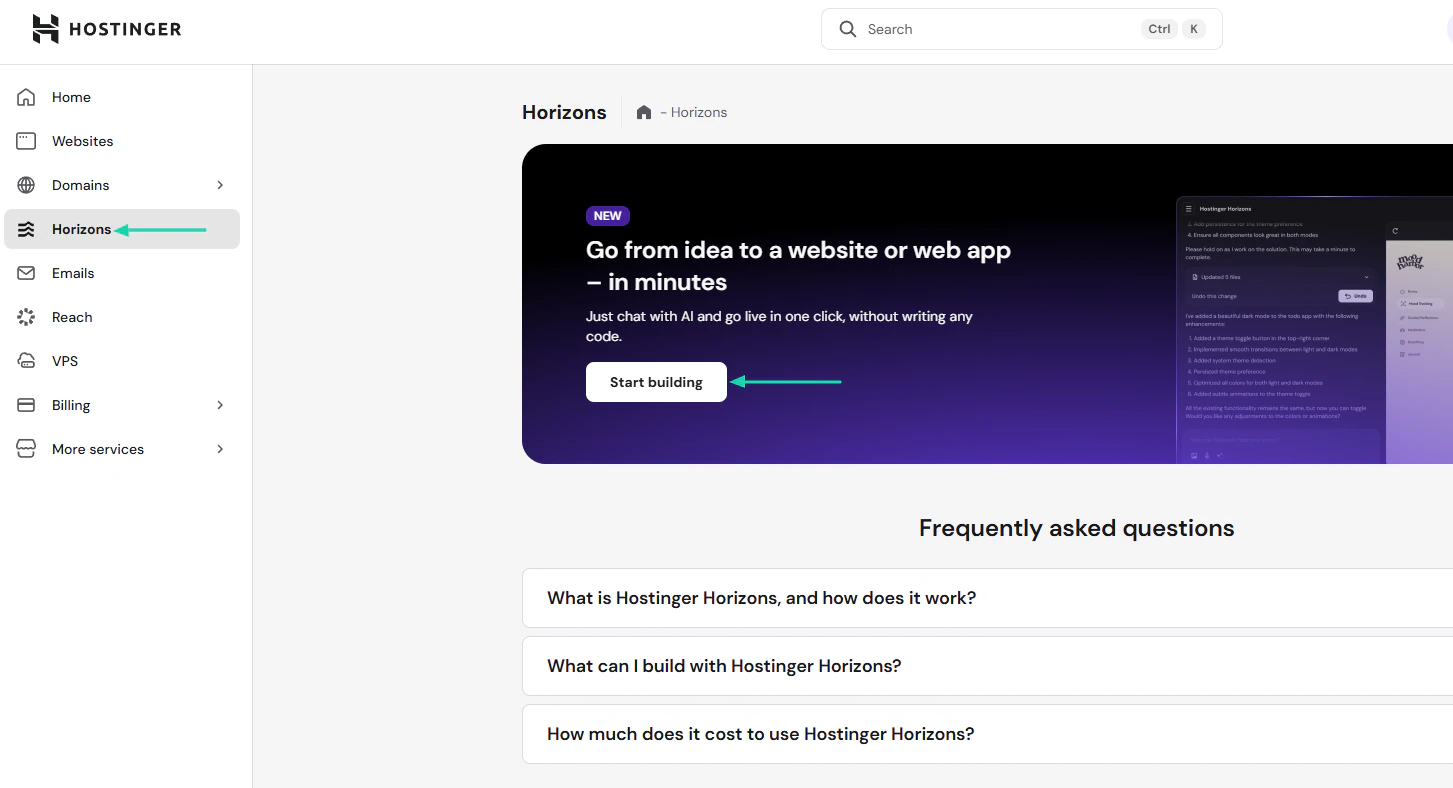 Hostinger AI Website Builder: horizons showing “Horizons”