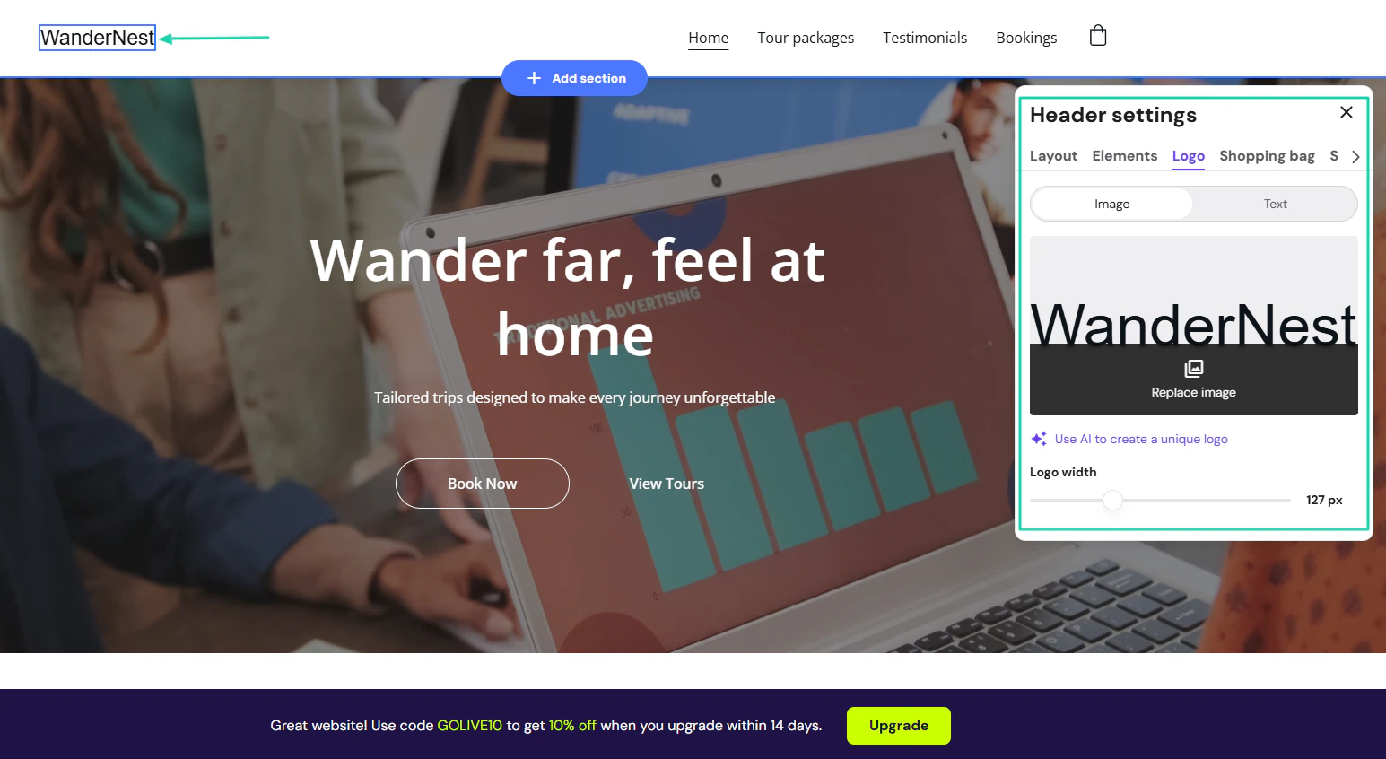 Hostinger AI Website Builder: You can also add a logo or use AI to create a new logo.