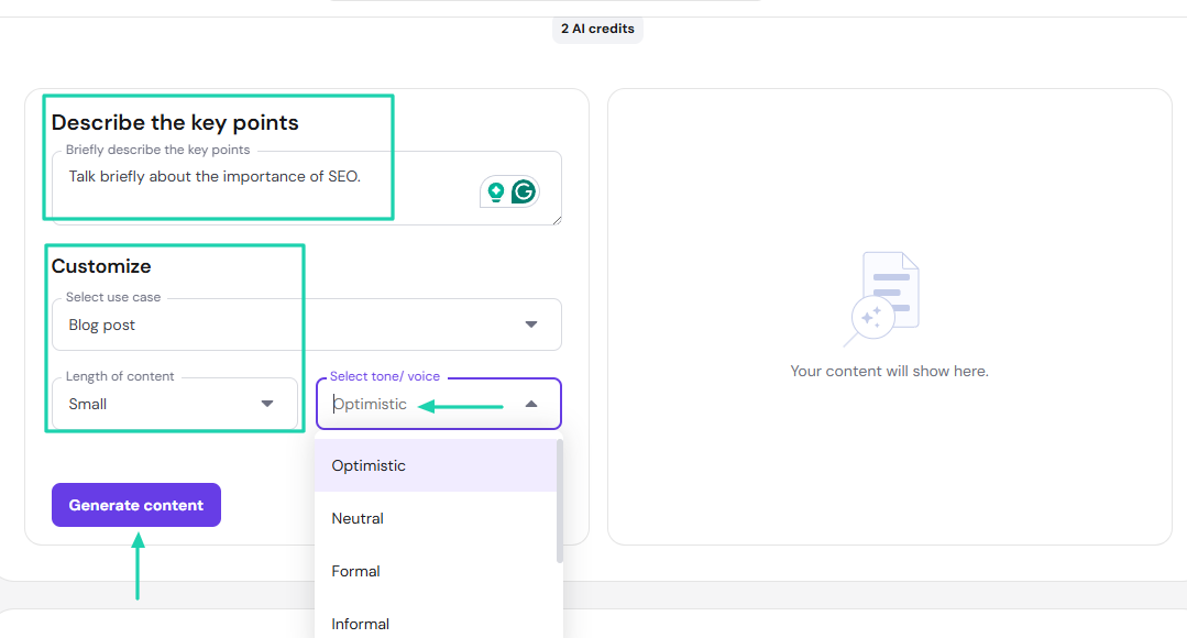 Hostinger AI Website Builder: content generator screenshot — blog editor
