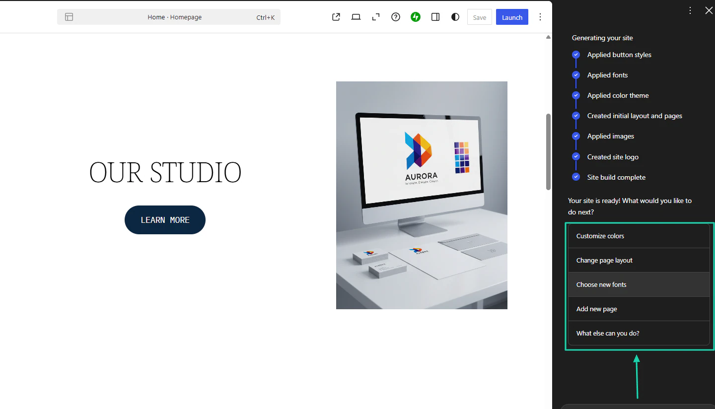 WordPress.com AI Website Builder: editor screenshot view 3