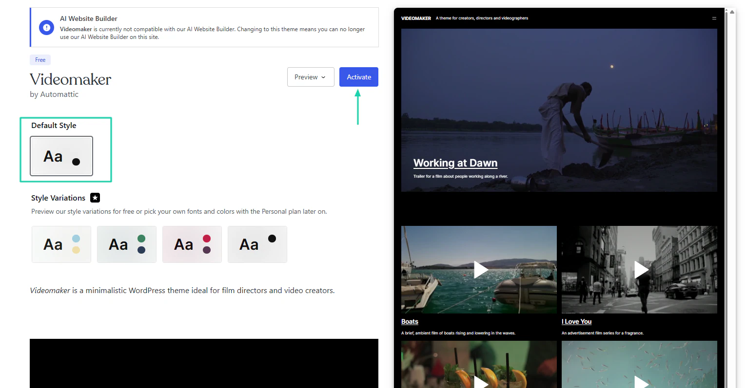 WordPress.com AI Website Builder: themes showing “Activate”