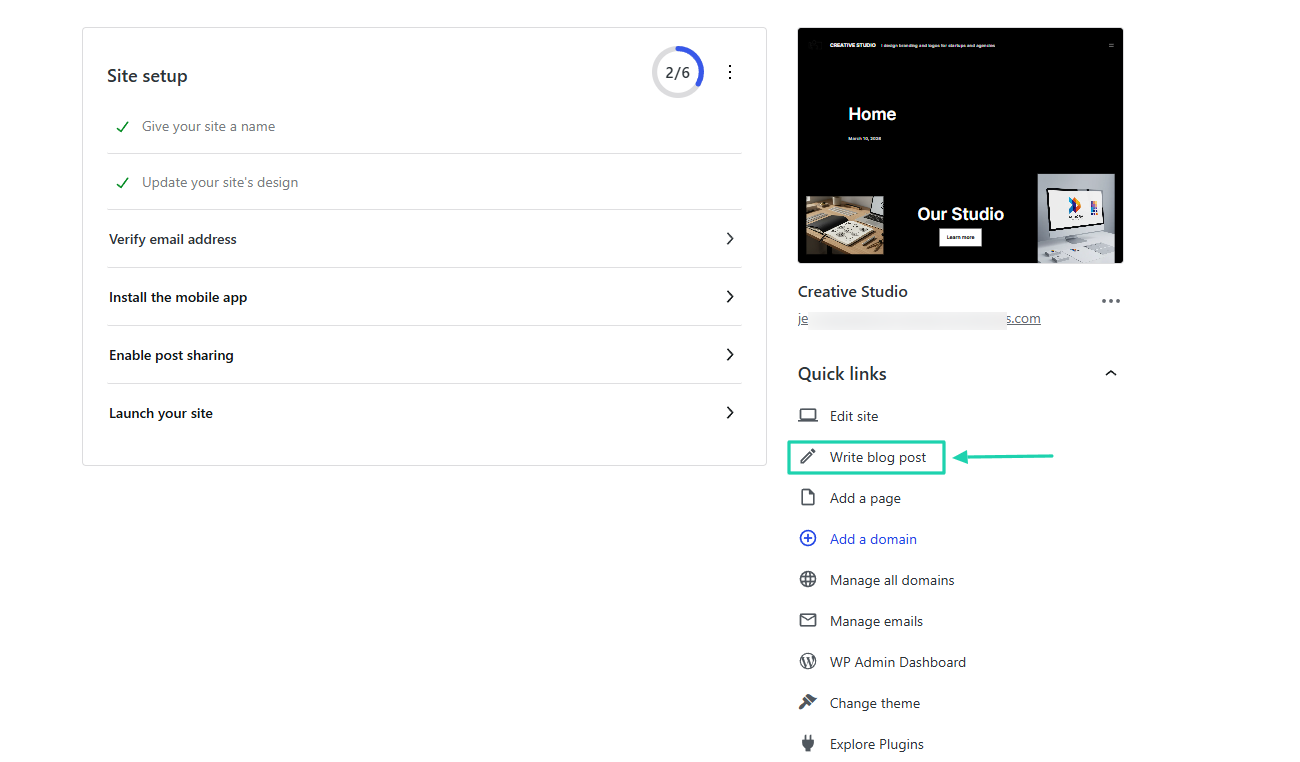 WordPress.com AI Website Builder: posts showing “Write blog post”