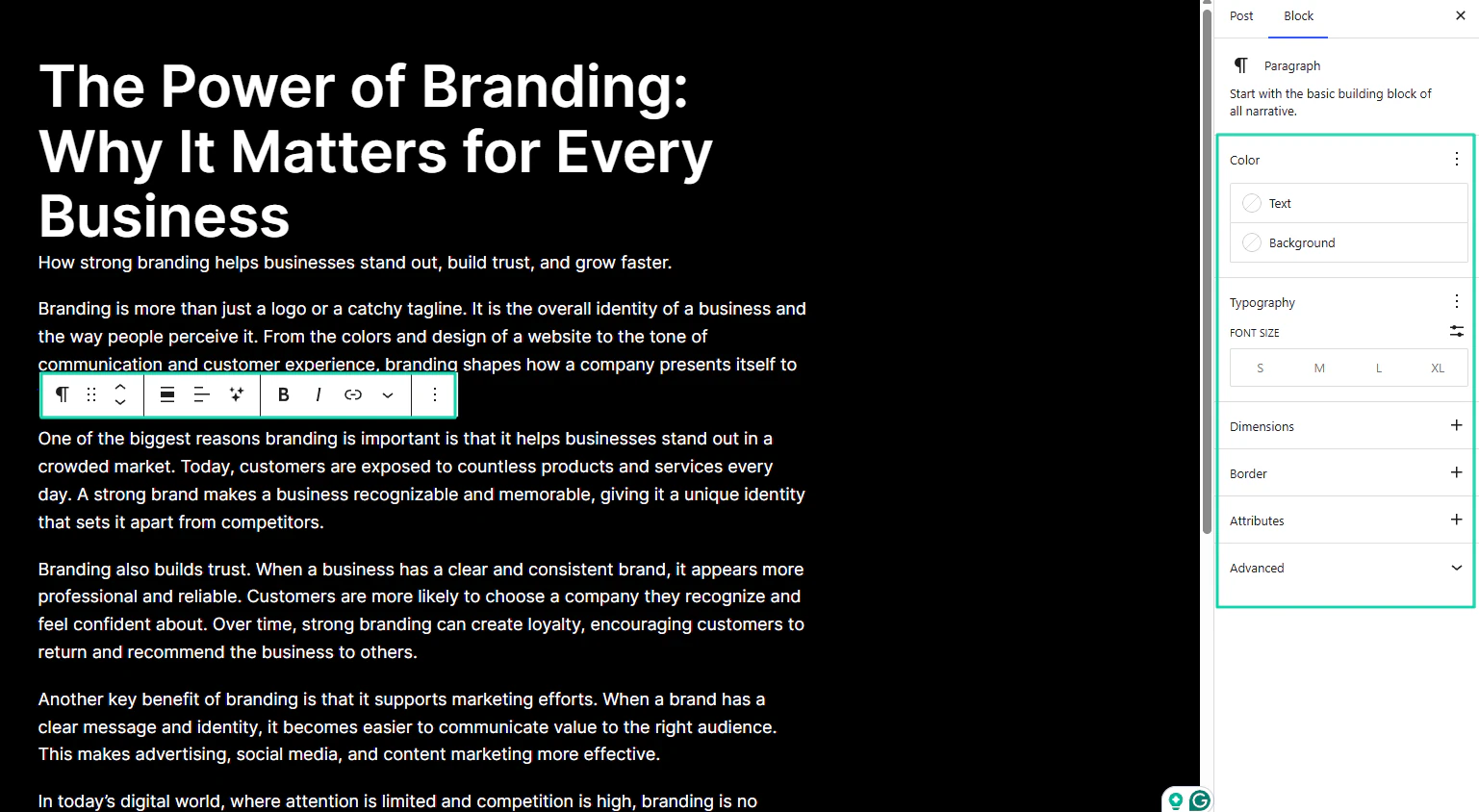 WordPress.com AI Website Builder: you can adjust the text or background color, and the font size.
