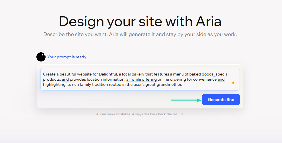 Wix AI Website Builder: AI generator showing “Generate site” view 2