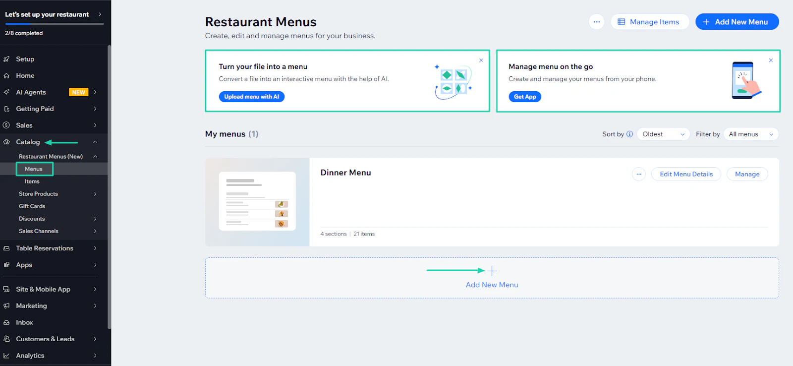 Wix AI Website Builder: catalog screenshot — menu editor