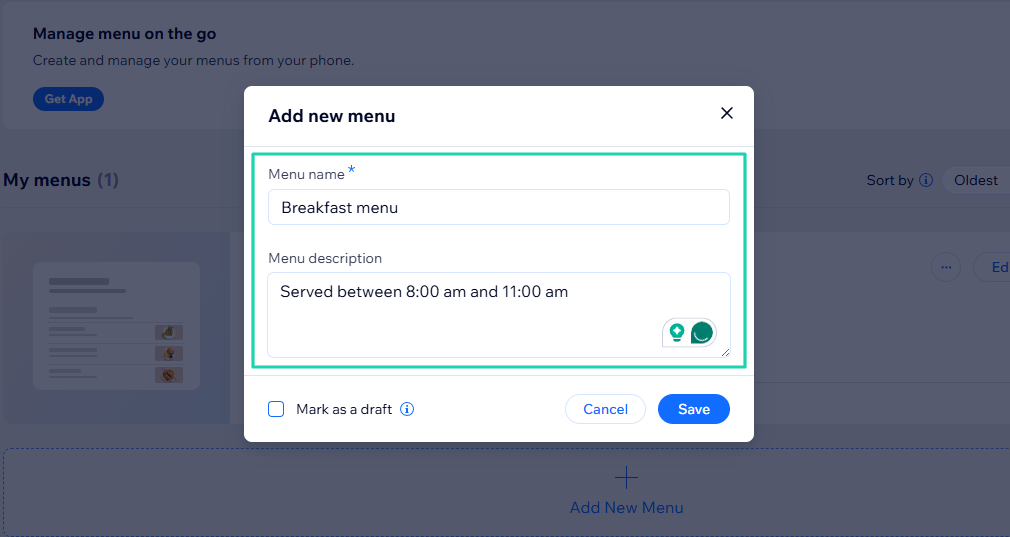 Wix AI Website Builder: catalog screenshot — menu editor — media upload