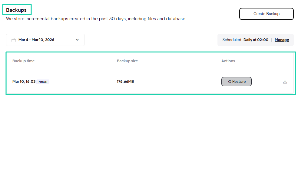10Web: You can also schedule and create backups to prevent data loss.