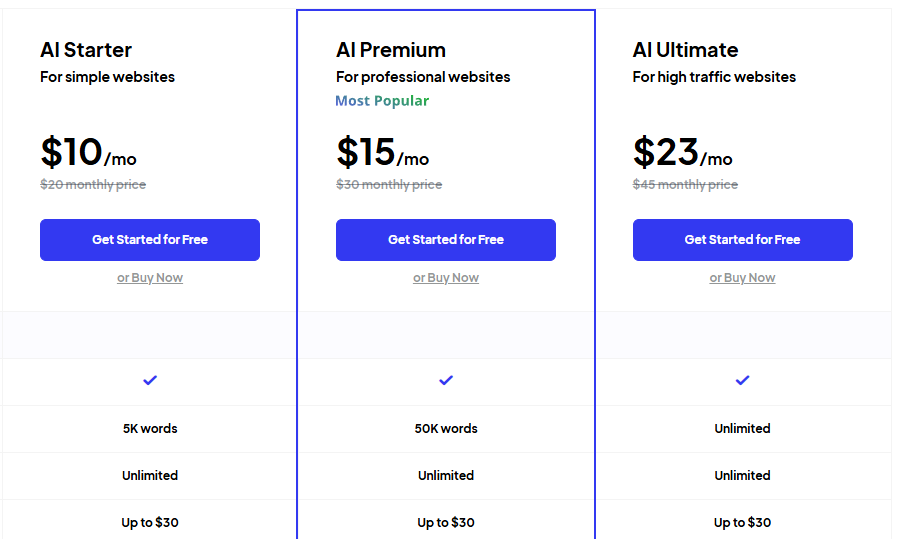 10Web pricing plans overview