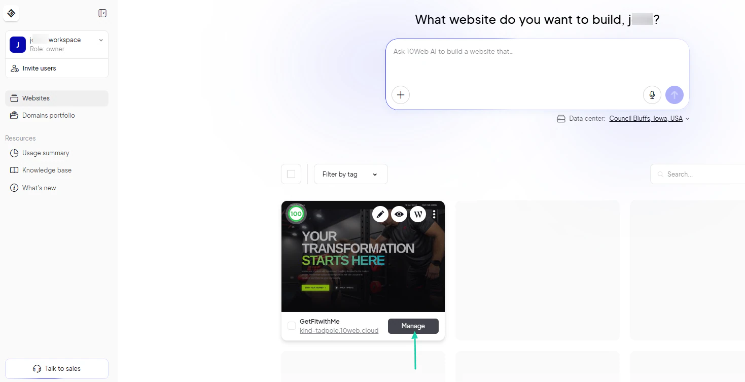 10Web: manage showing “Manage”