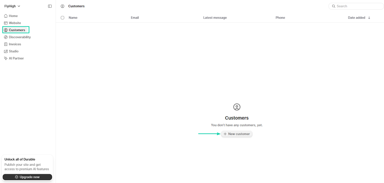 Durable: customers screenshot