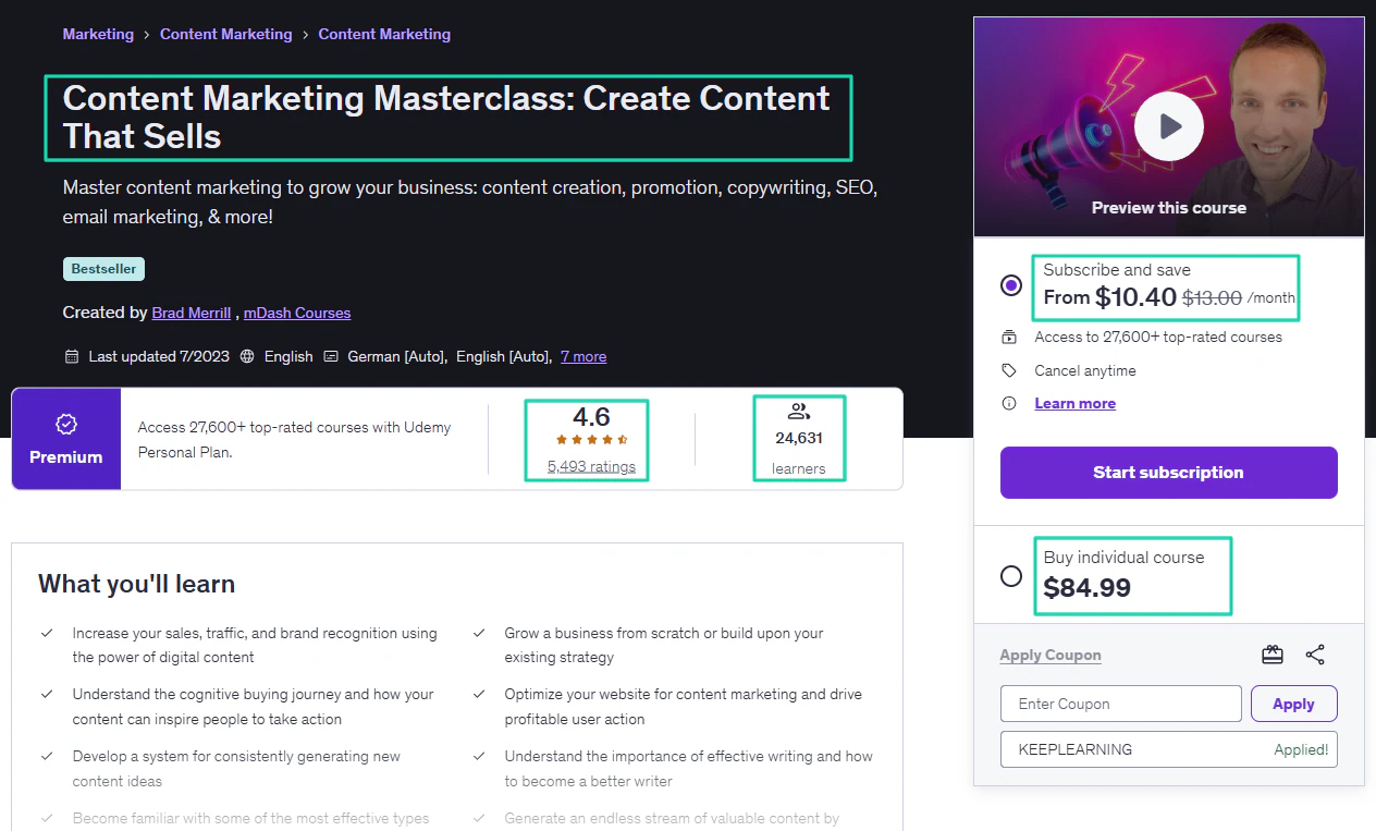 content marketing masterclass sur udemy