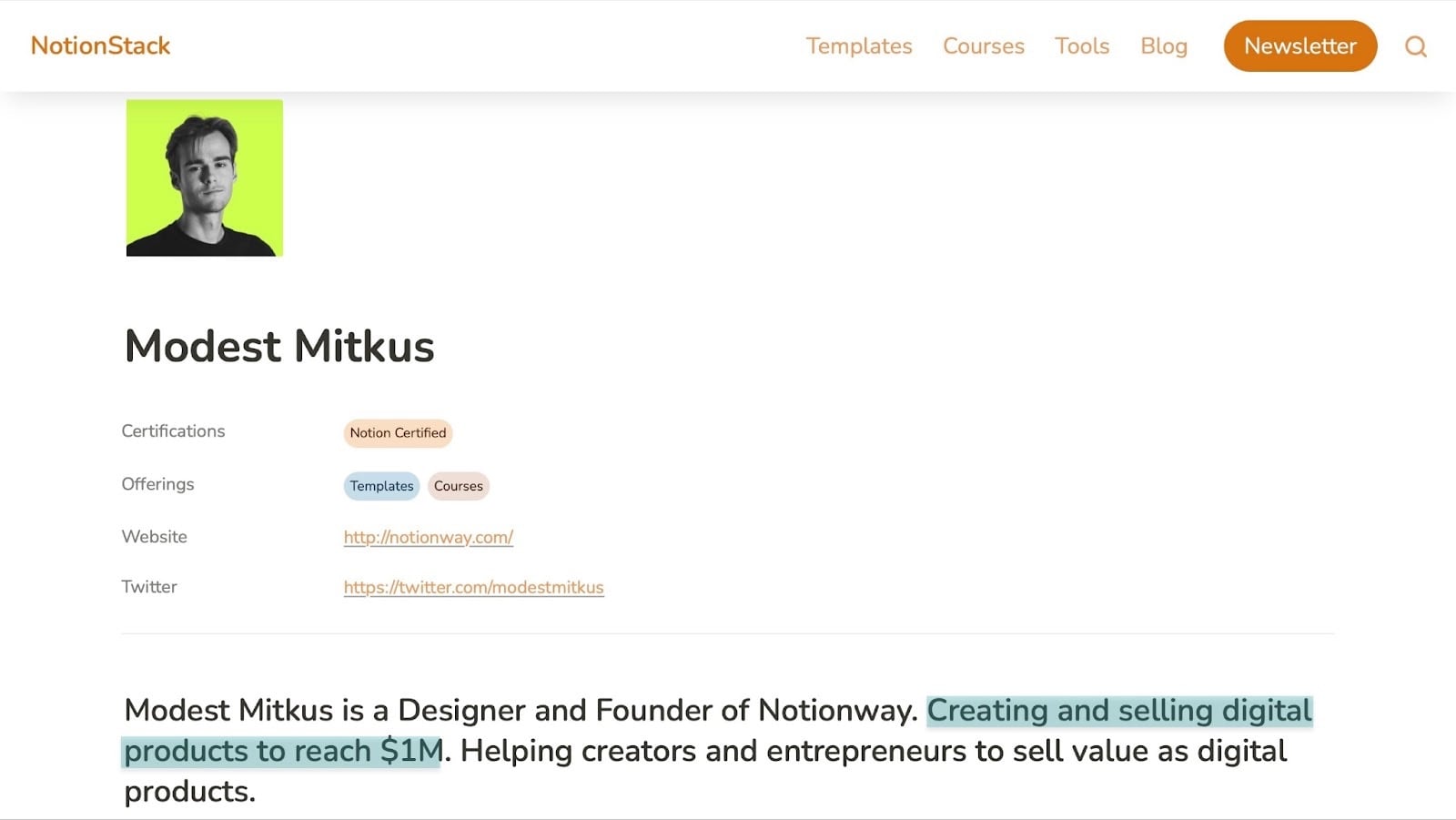 profil de modest mitkus sur notionstack