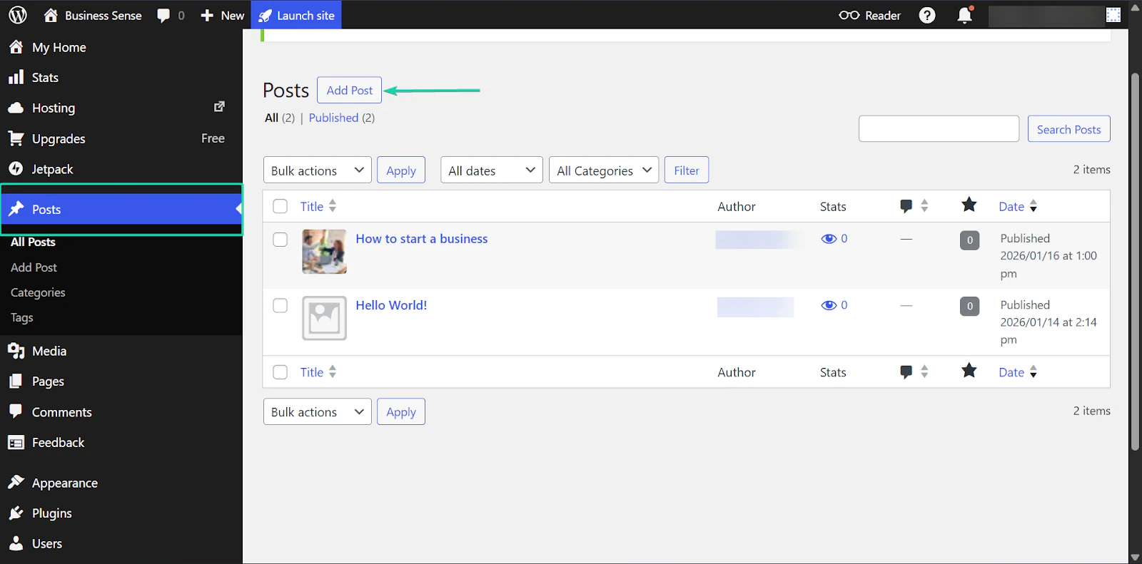 WordPress: les articles, avec l'entrée "Posts"