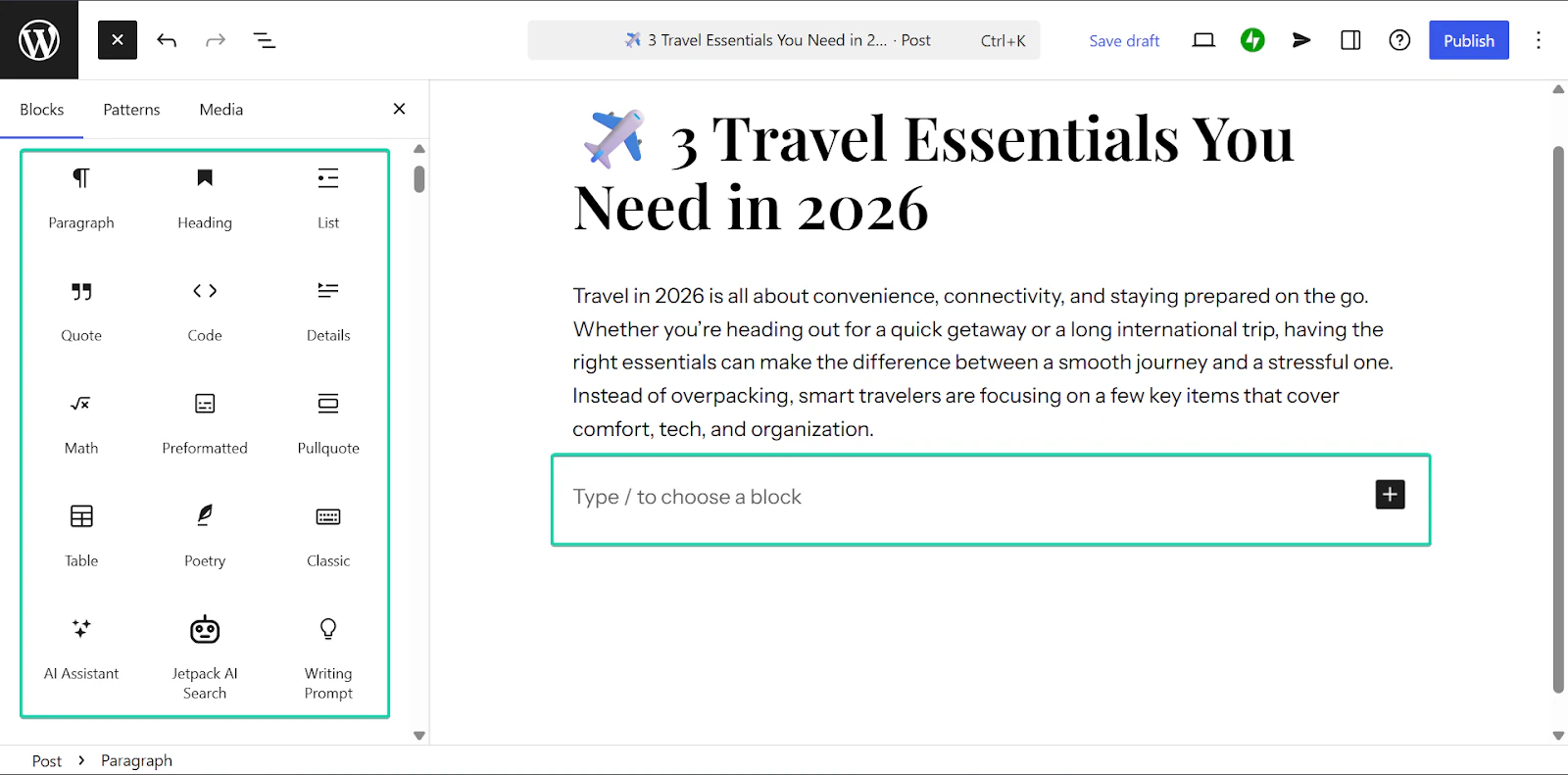 WordPress: les articles, avec le bouton "Publish"