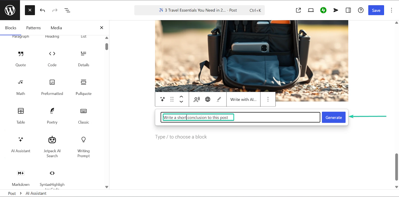 WordPress: capture de l'assistant IA