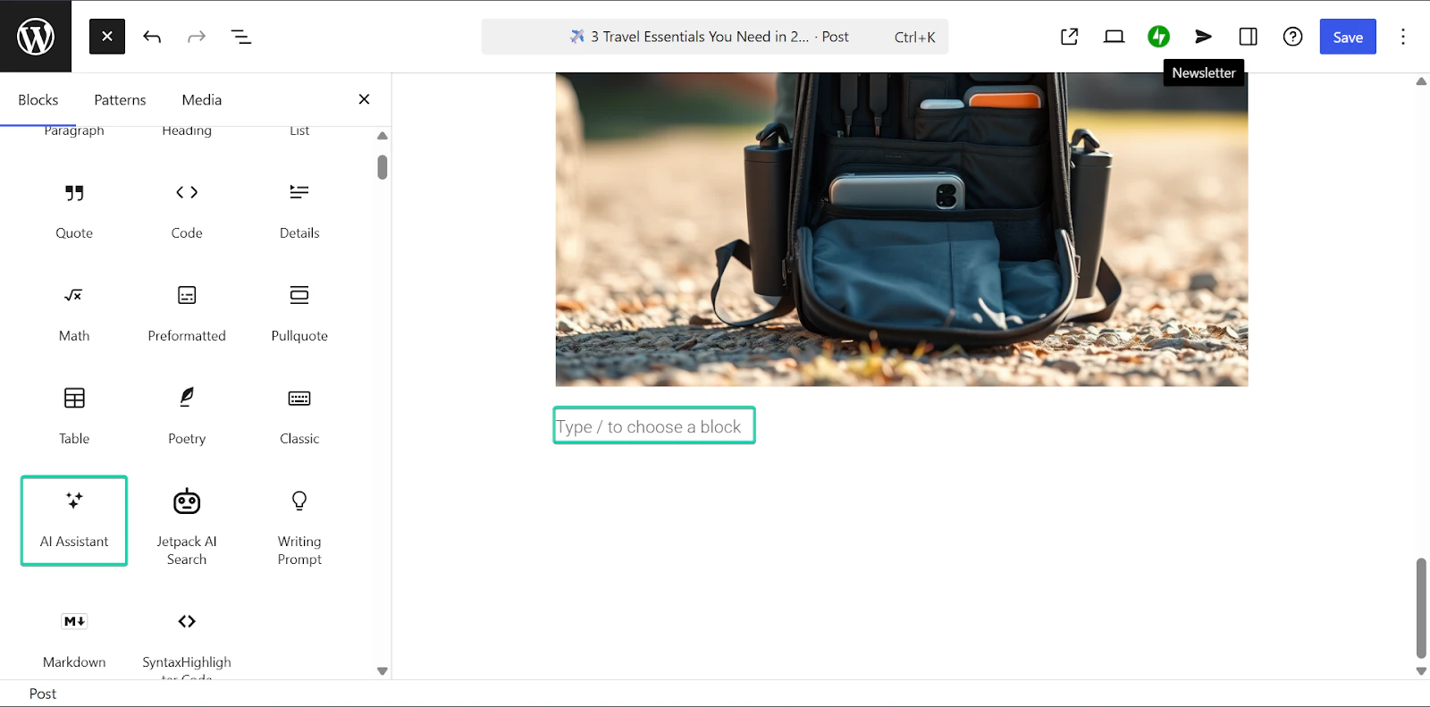 WordPress: l'assistant IA, avec l'entrée "AI Assistant"