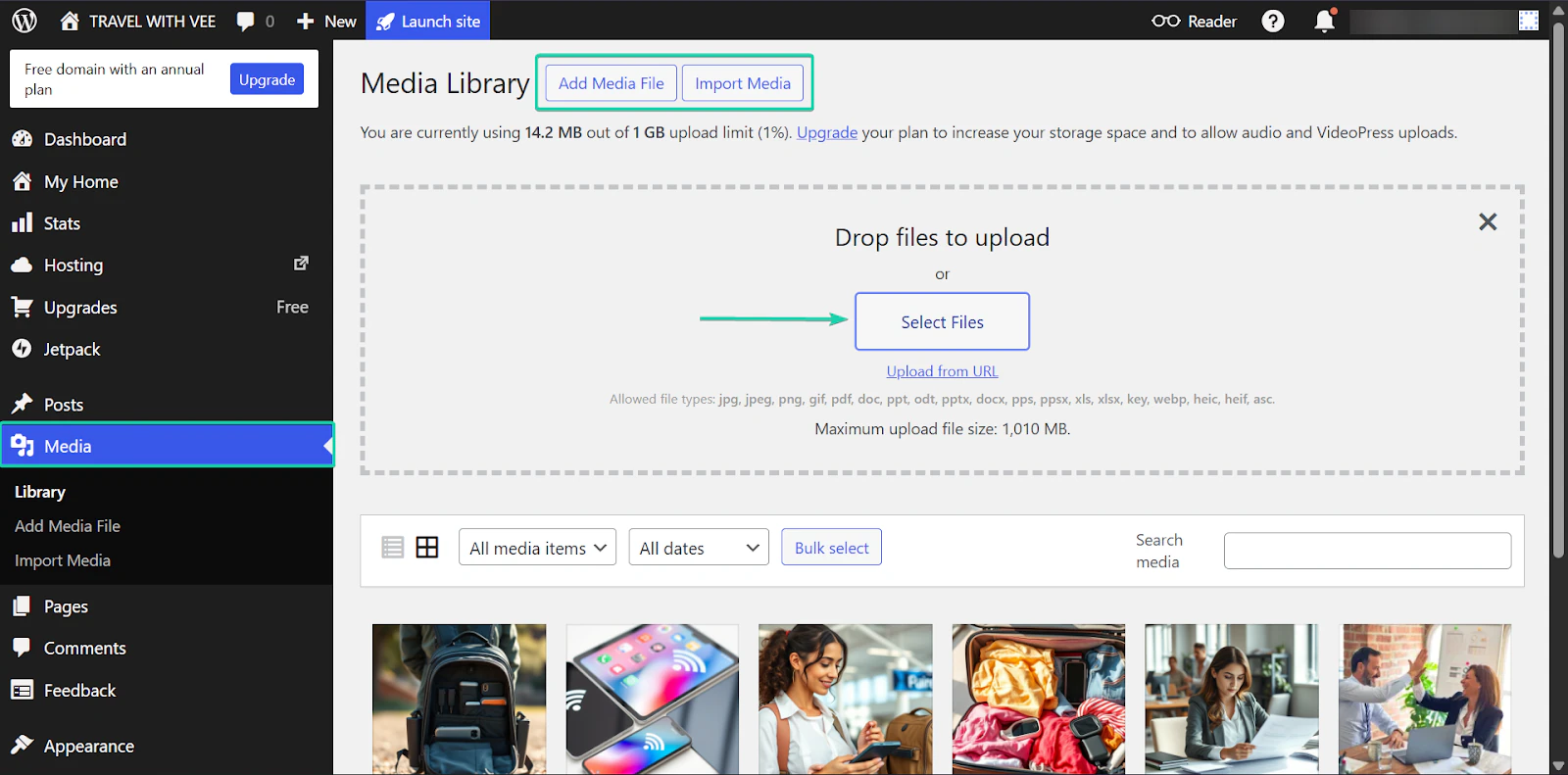 WordPress: les médias, avec l'entrée "Media"
