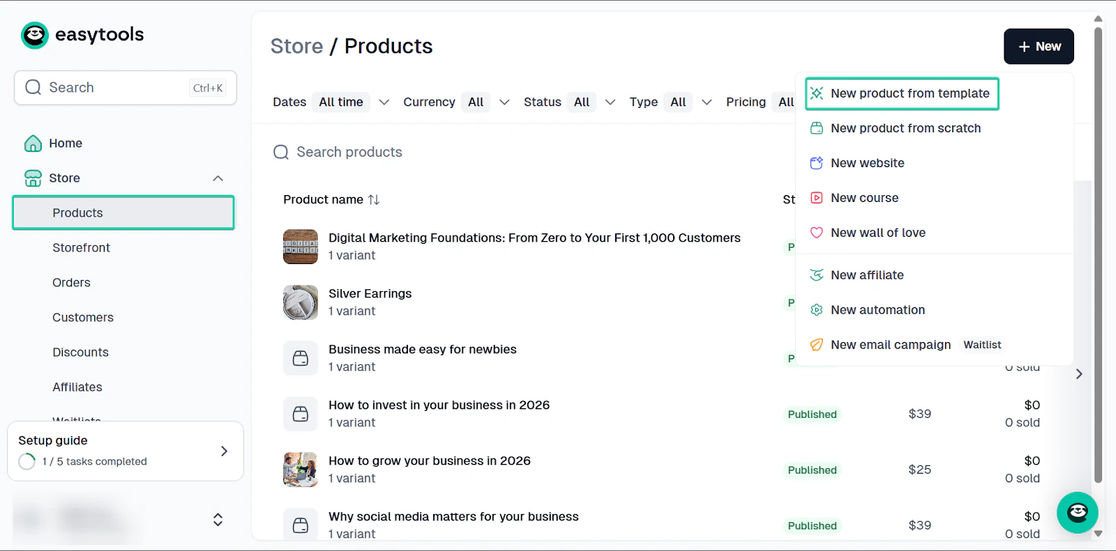 Easytools: la boutique, avec le bouton "+ New" - créateur de site
