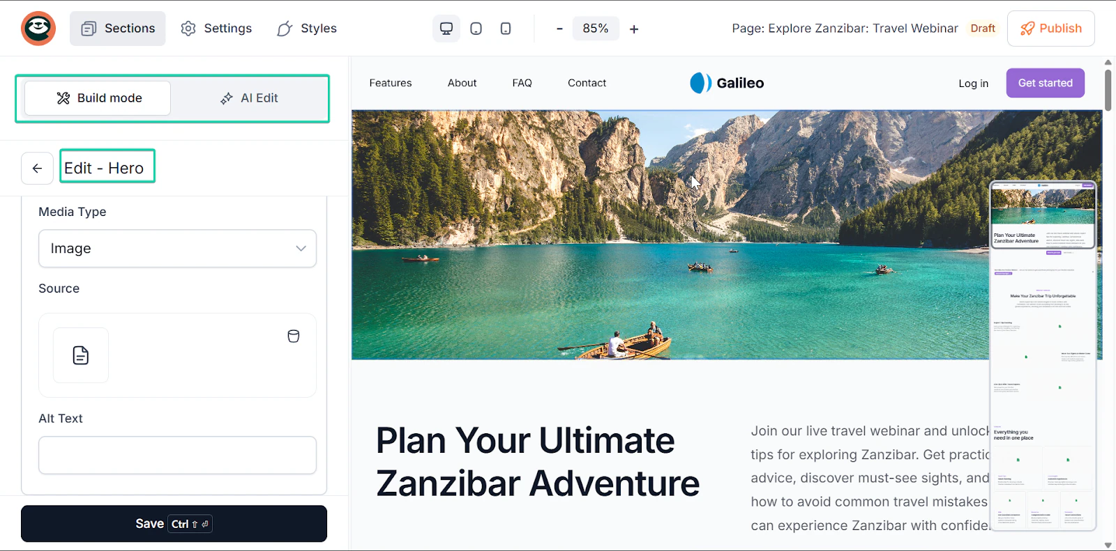 fenêtre d'édition de la landing page