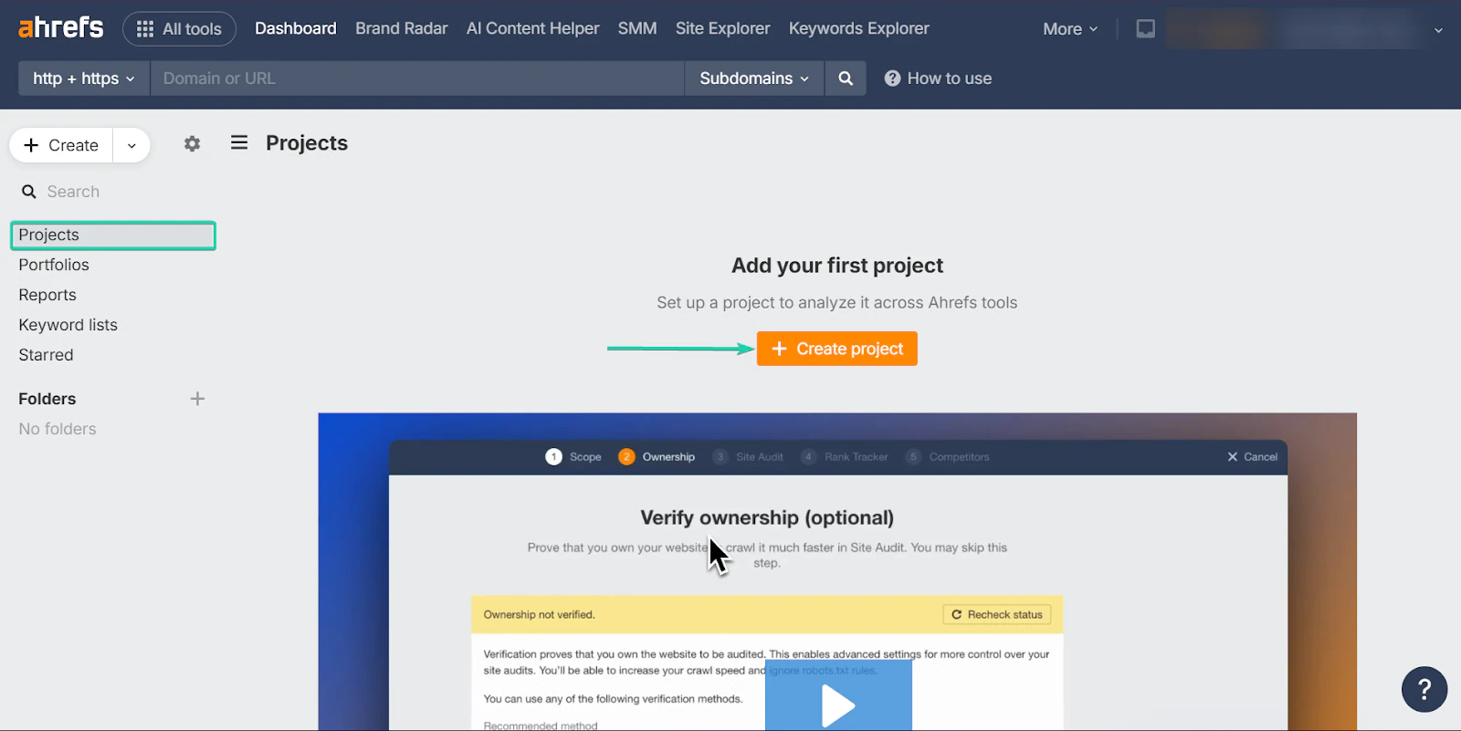 Ahrefs: les projets, avec l'entrée "Projects"