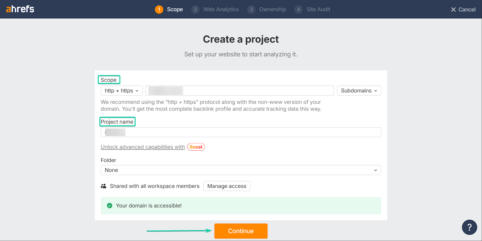 Ahrefs: les projets, avec le bouton "Continue"