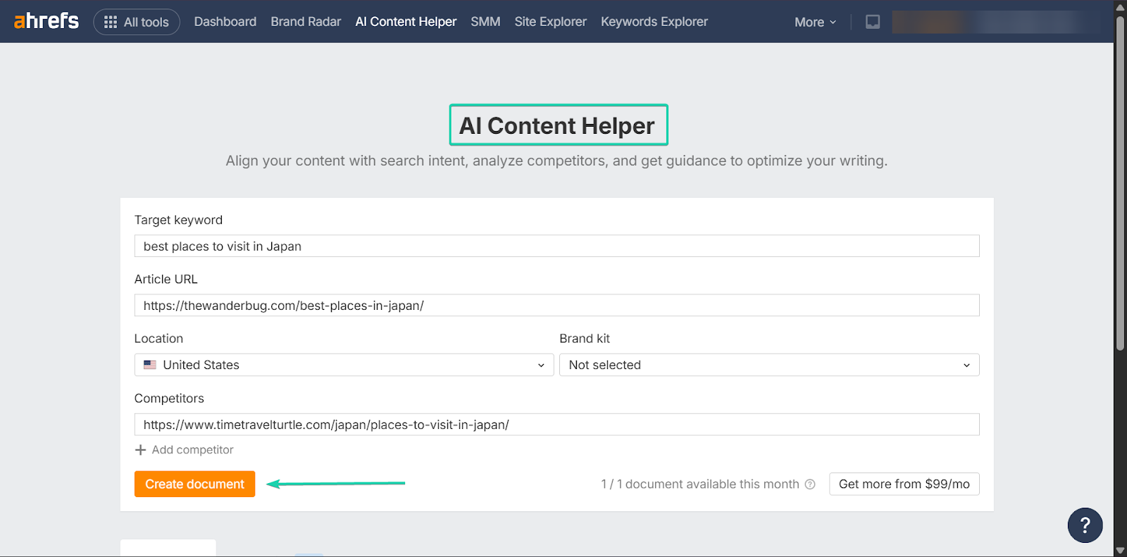 Ahrefs: l'assistant de contenu IA, avec le bouton "Create document" - témoignages clients