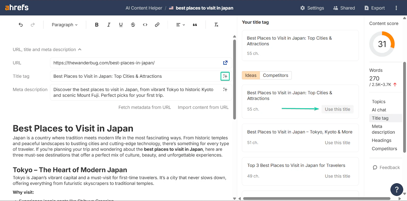 suggestions de balises title par IA sur le logiciel de blogging