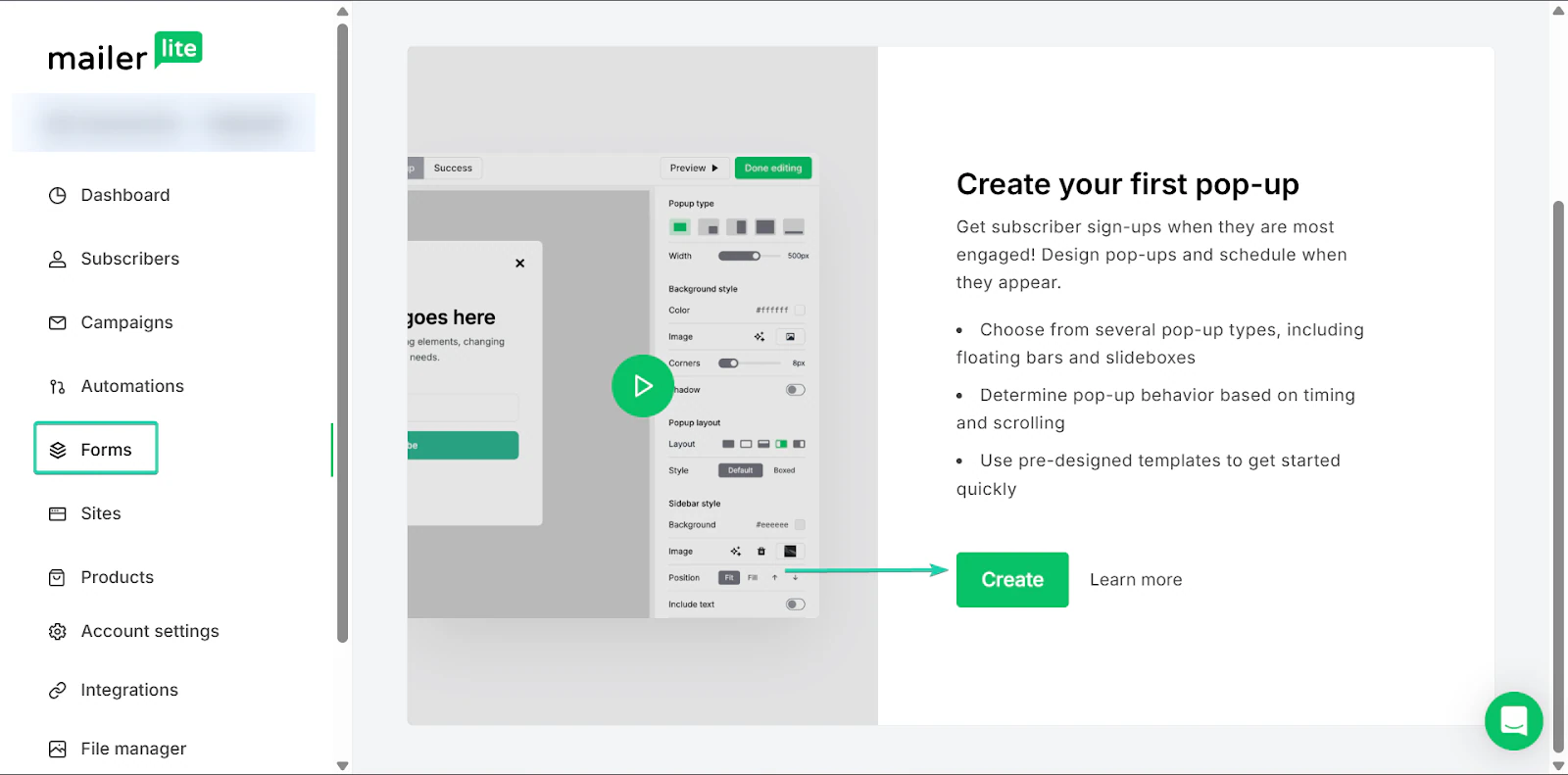 MailerLite: les formulaires, avec l'entrée "Forms"