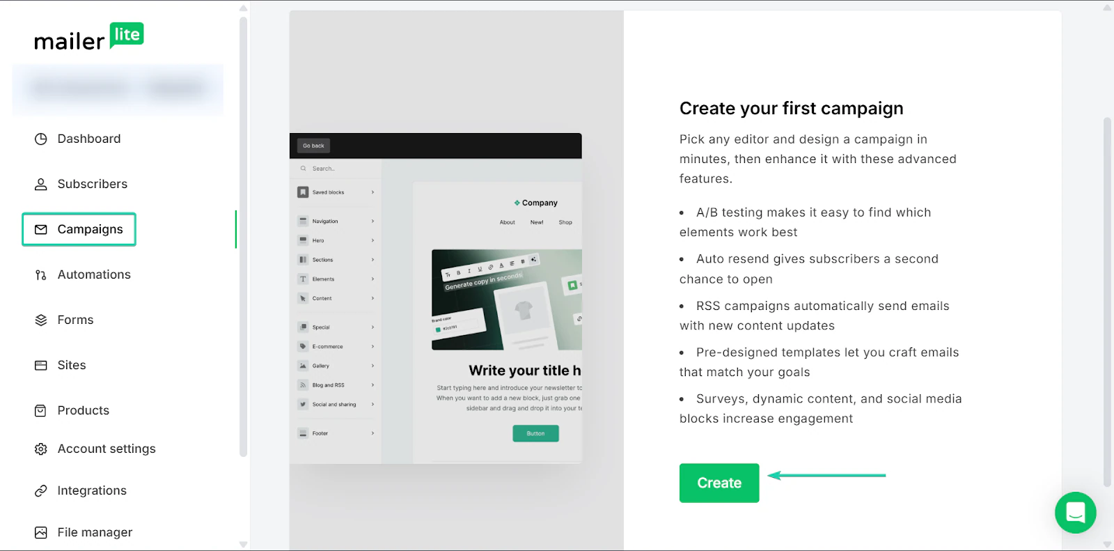 MailerLite: les campagnes, avec l'entrée "Campaigns"