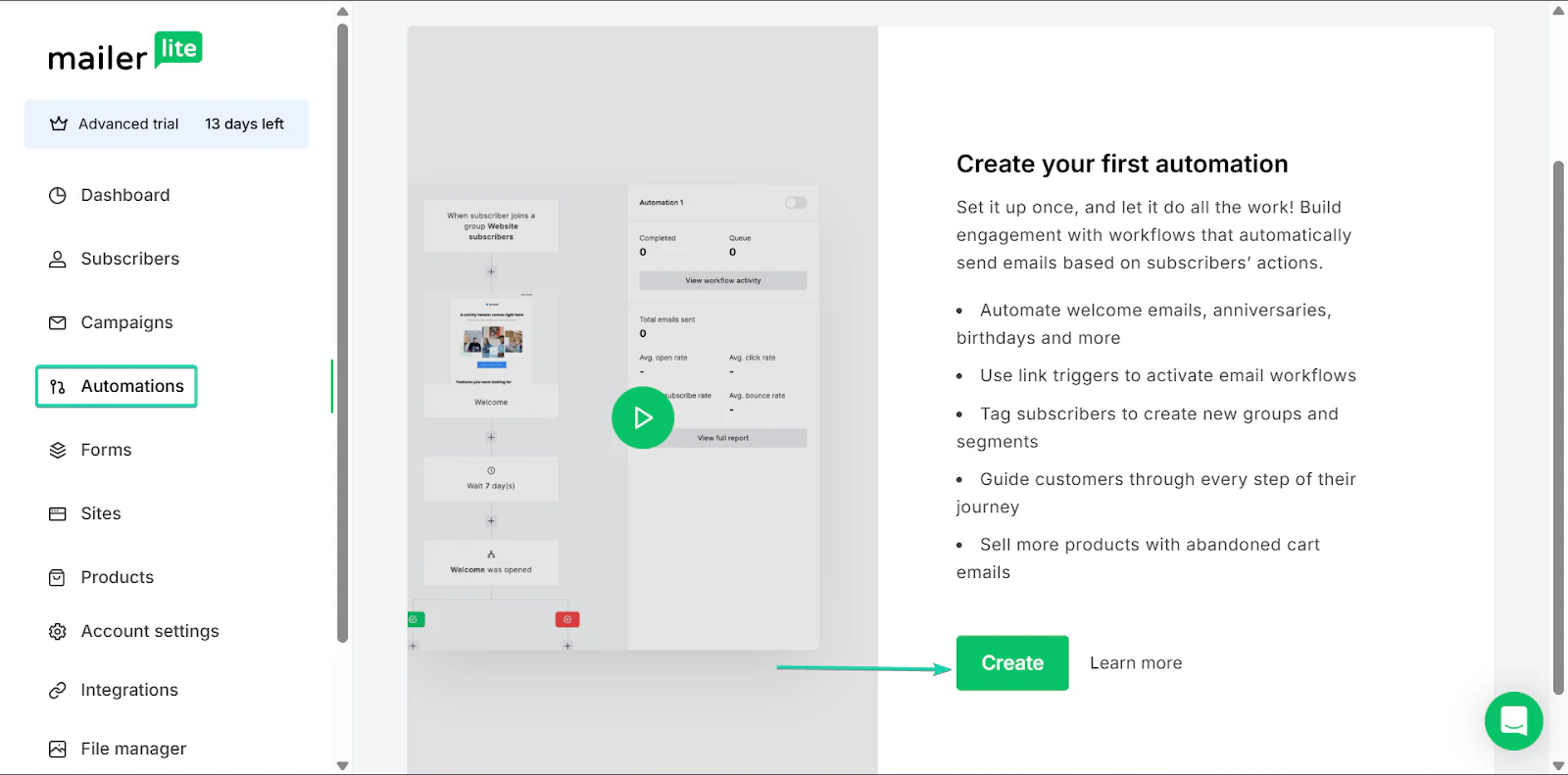 MailerLite: les automatisations, avec l'entrée "Automations" - créateur de site