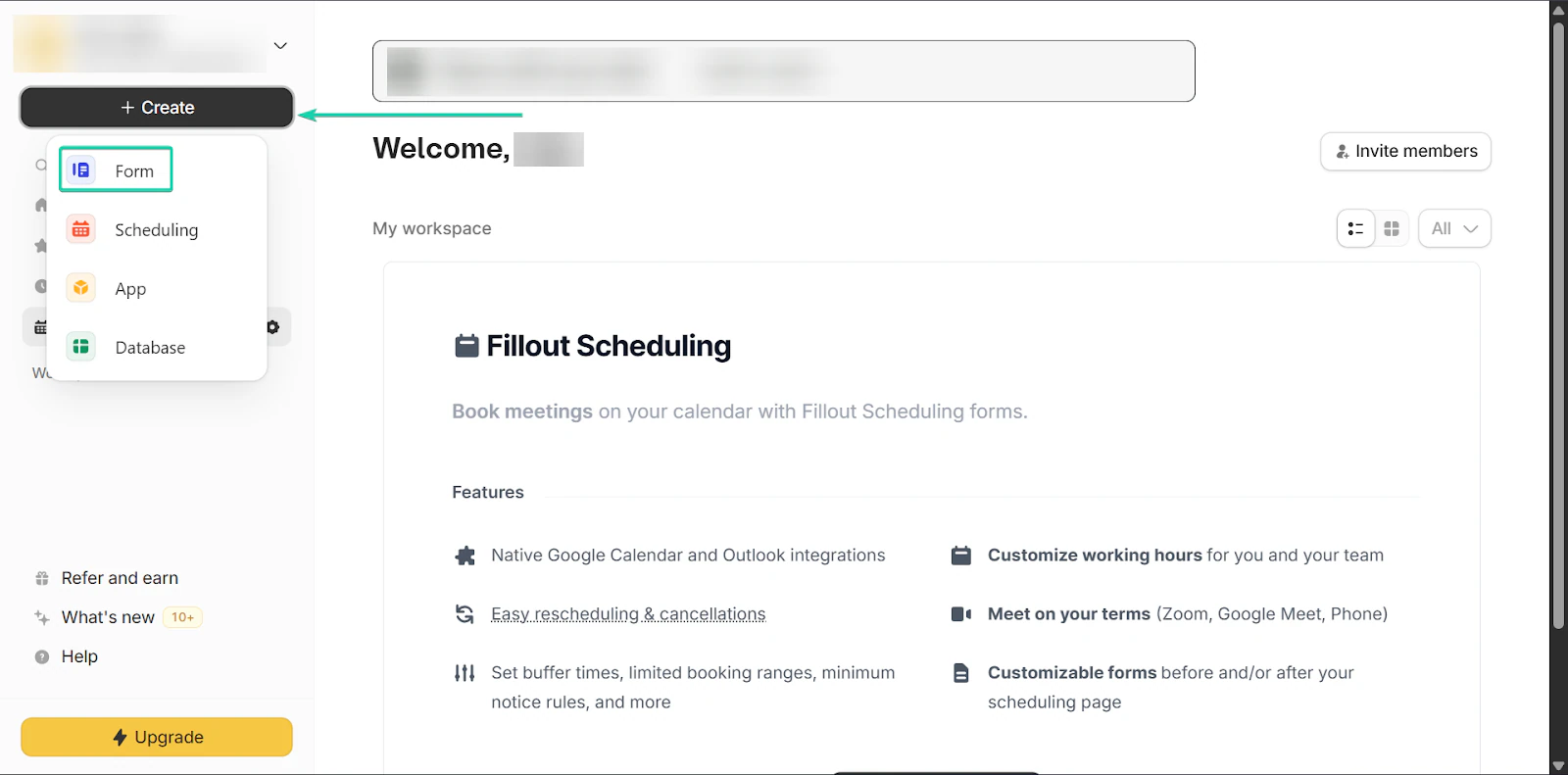 Fillout: les formulaires, avec le bouton "+ Create" - créateur de site