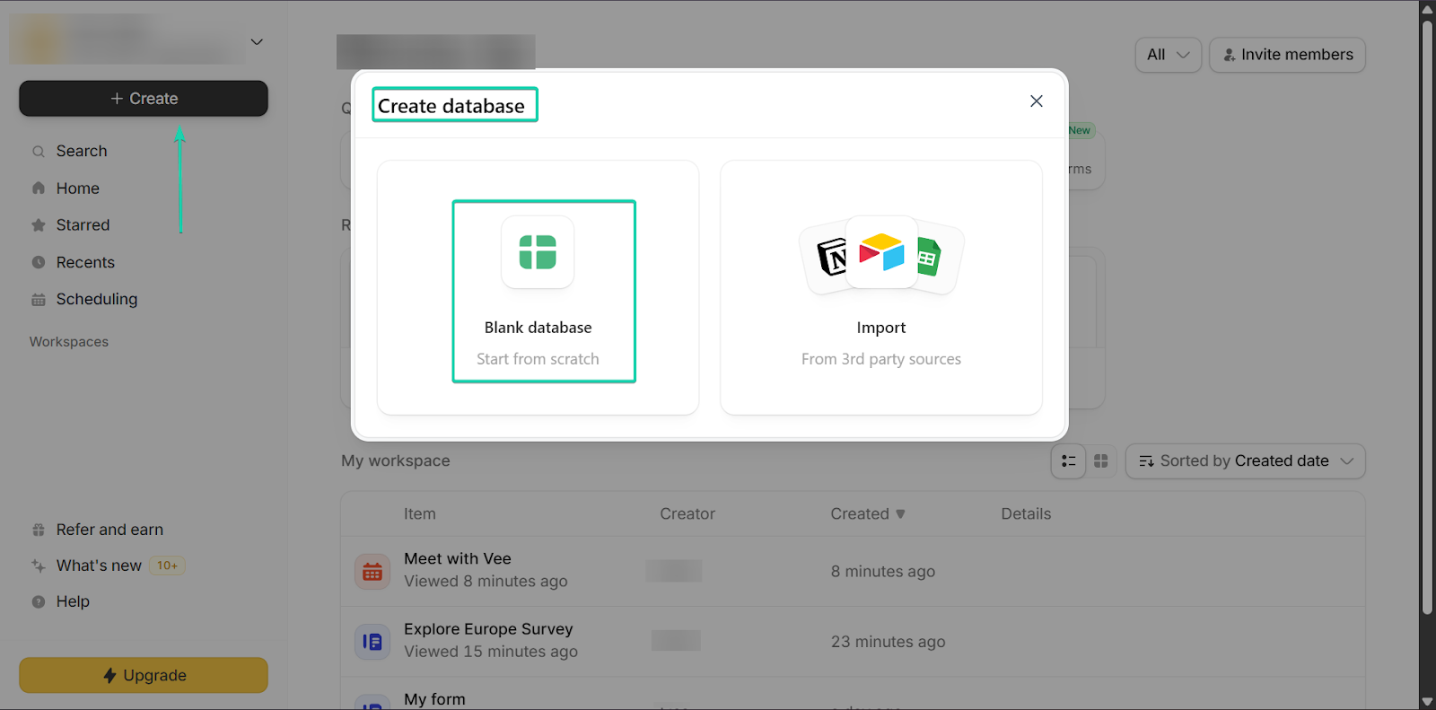 Fillout: la base de données, avec le bouton "Continue"