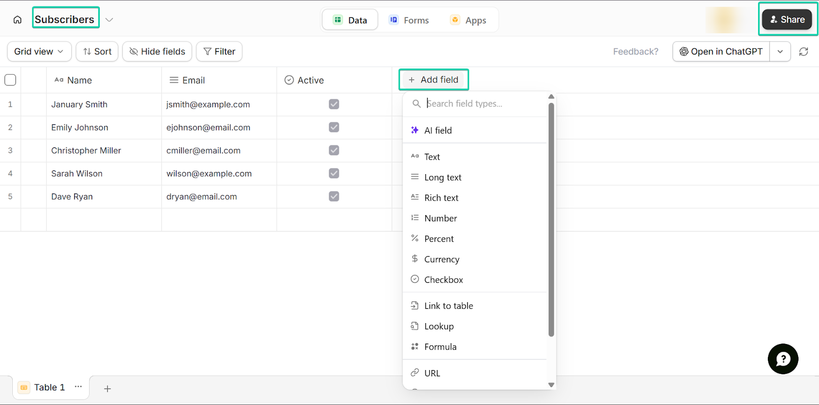 Fillout: capture de la base de données