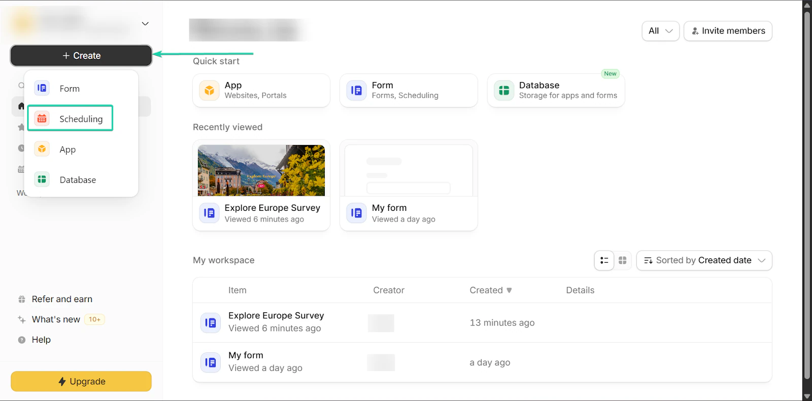 Fillout: la prise de rendez-vous, avec le bouton "+ Create"