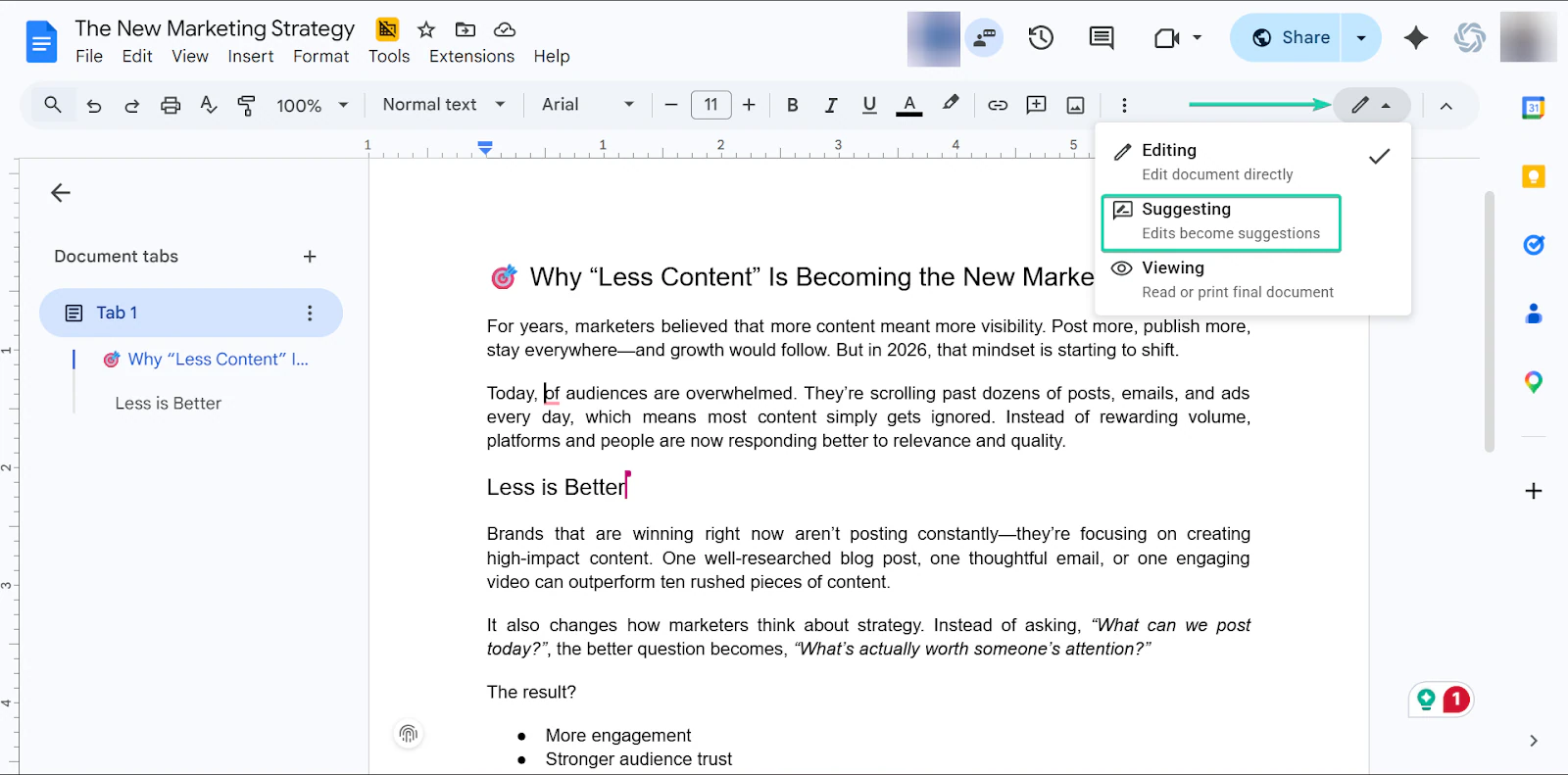 Google Docs: le mode suggestion, avec l'option "Suggesting"