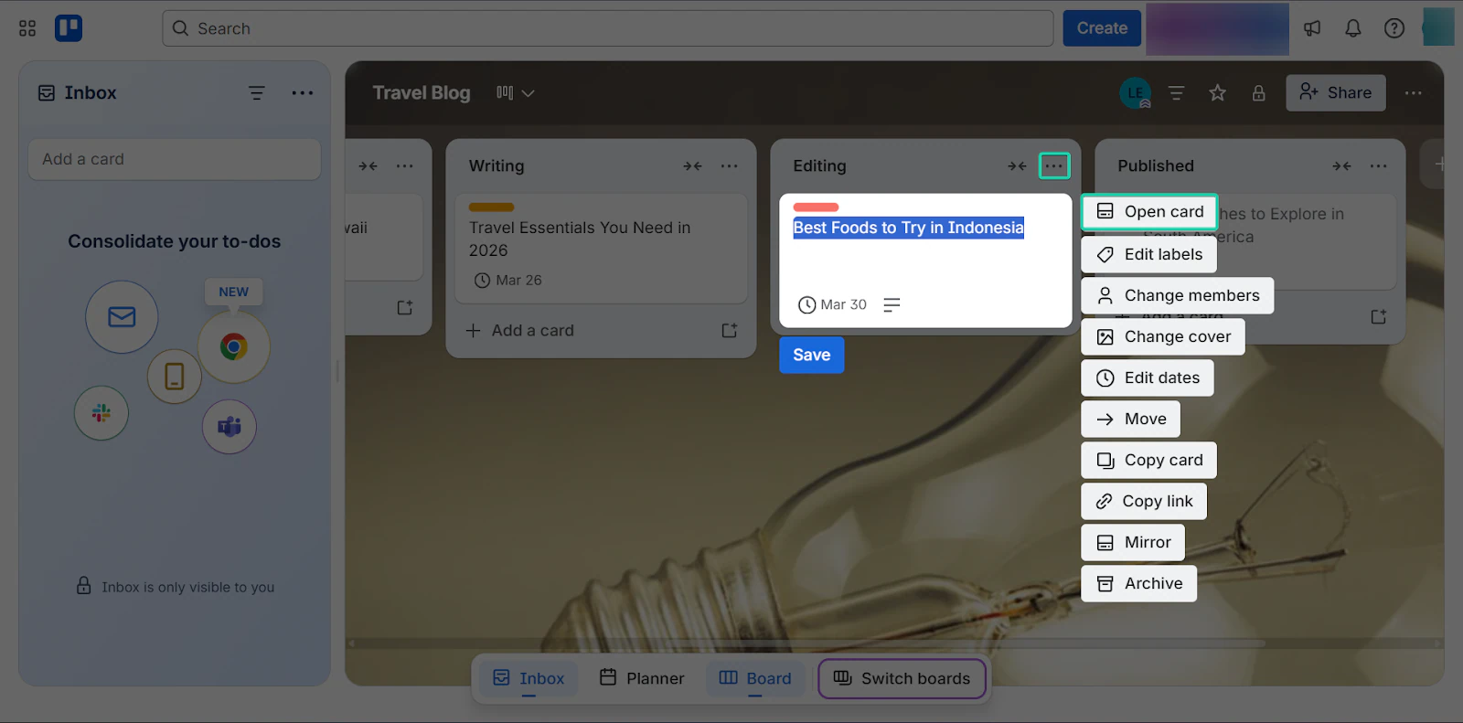 Trello: les commentaires, avec l'option "Open card"