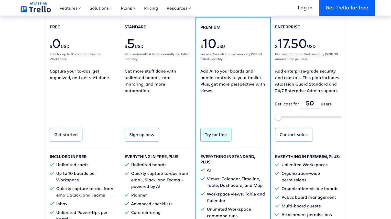 aperçu des offres tarifaires de Trello