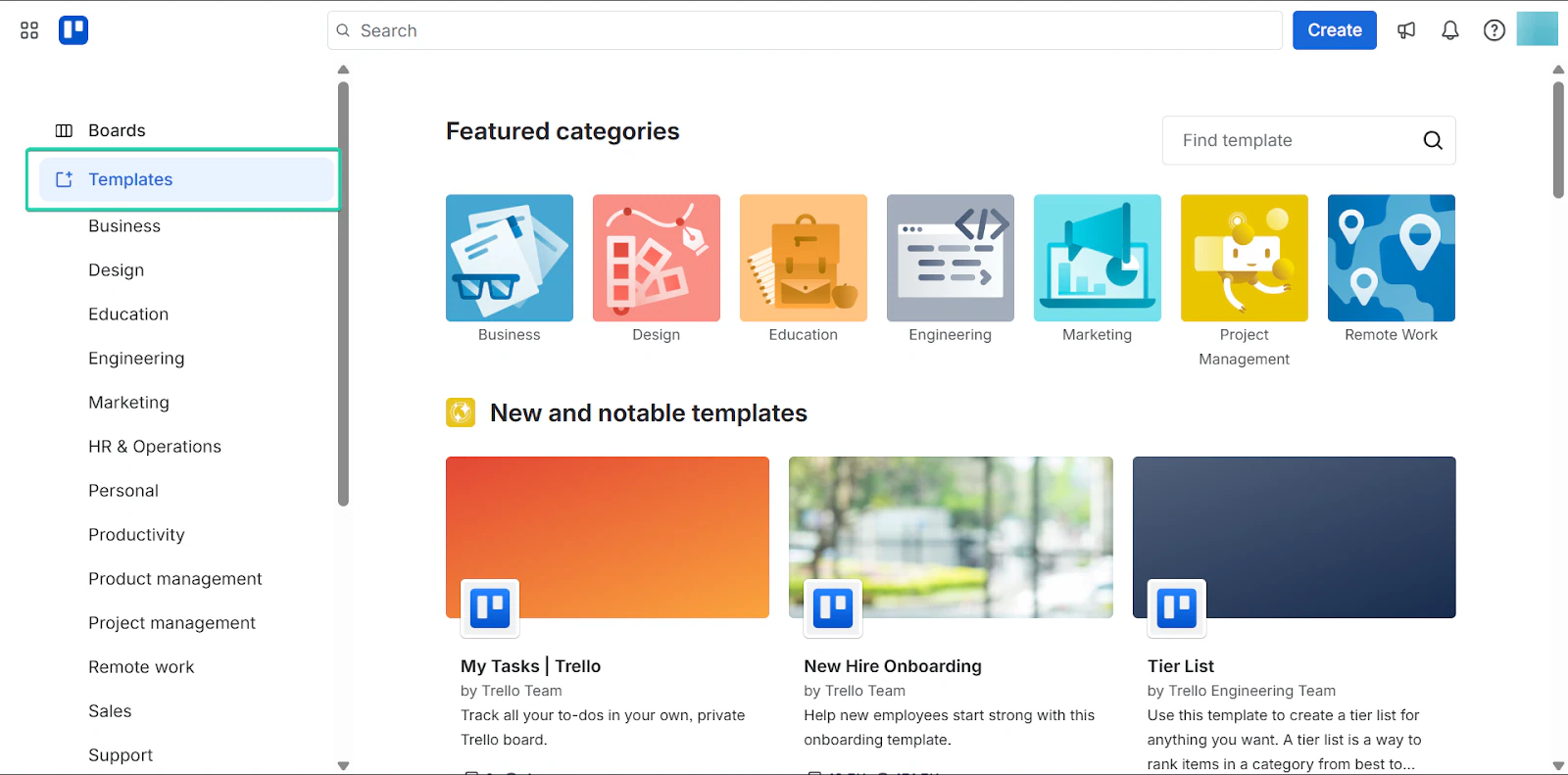 Trello: les modèles, avec l'entrée "Templates" - créateur de site