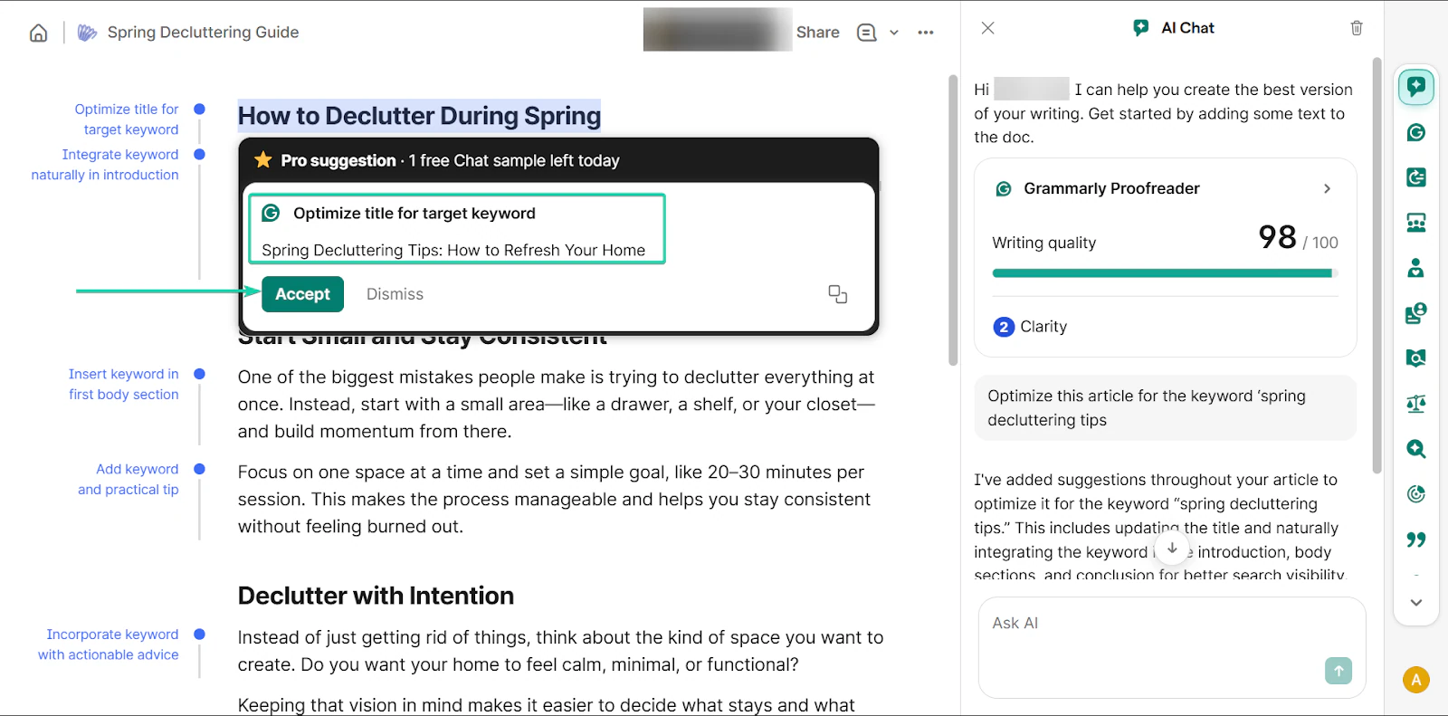 Grammarly: capture du chat IA vue 2