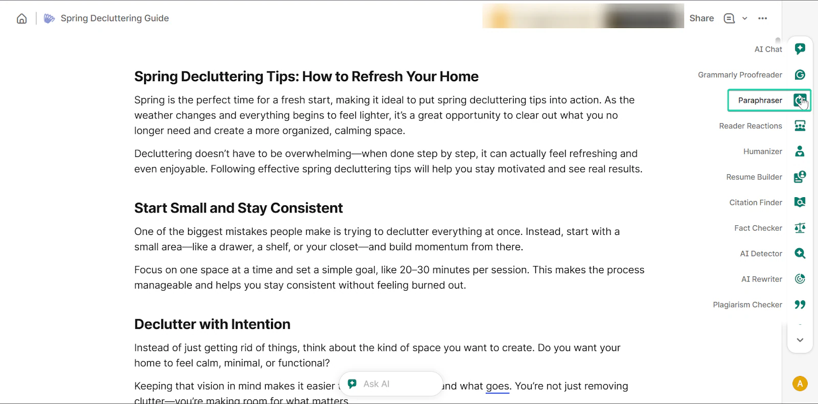 Grammarly: la reformulation, avec l'entrée "Paraphraser" - éditeur de blog